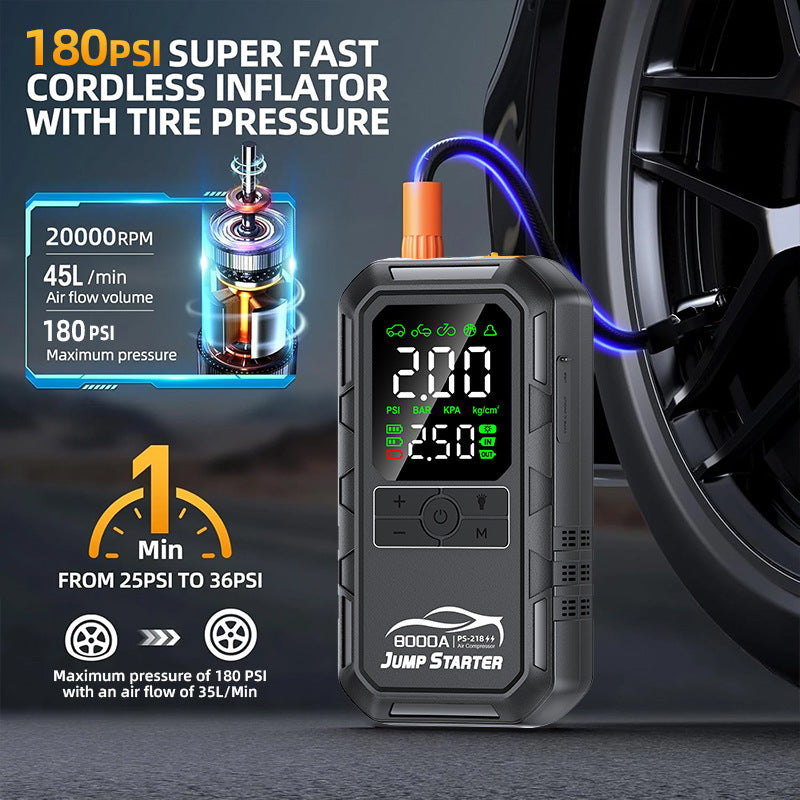 Arrancador de Batería 8000A con Compresor de Aire PS‑218 – Multifuncional y Portátil